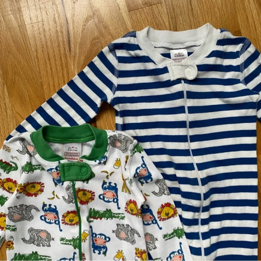 Hanna Andersson Jams Sleeper Blue Striped and Animal Print Pajamas Lot of 2